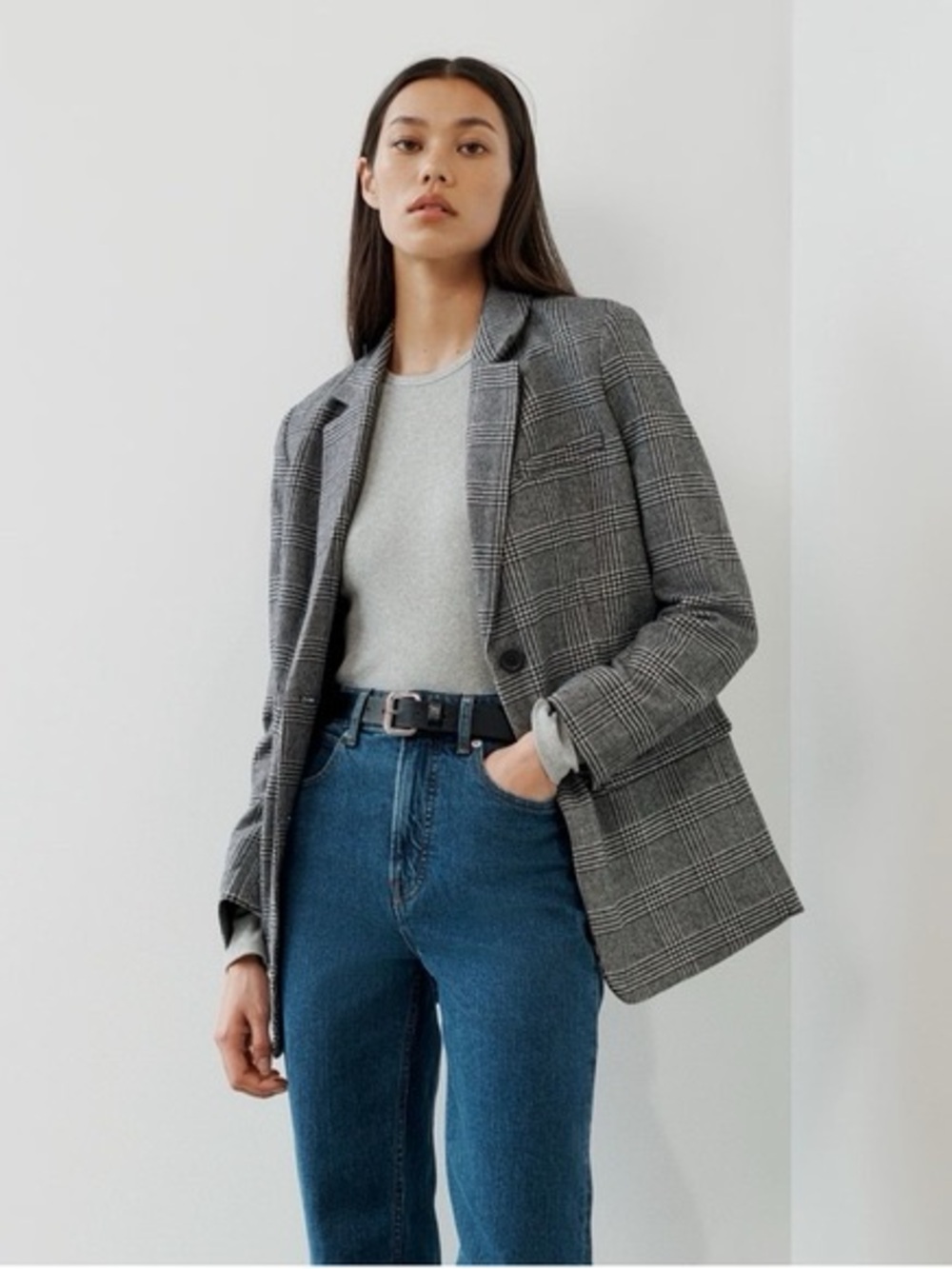 Everlane - The Italian Wool Oversized Blazer Jacket in Glen Plaid Grey - Size 4